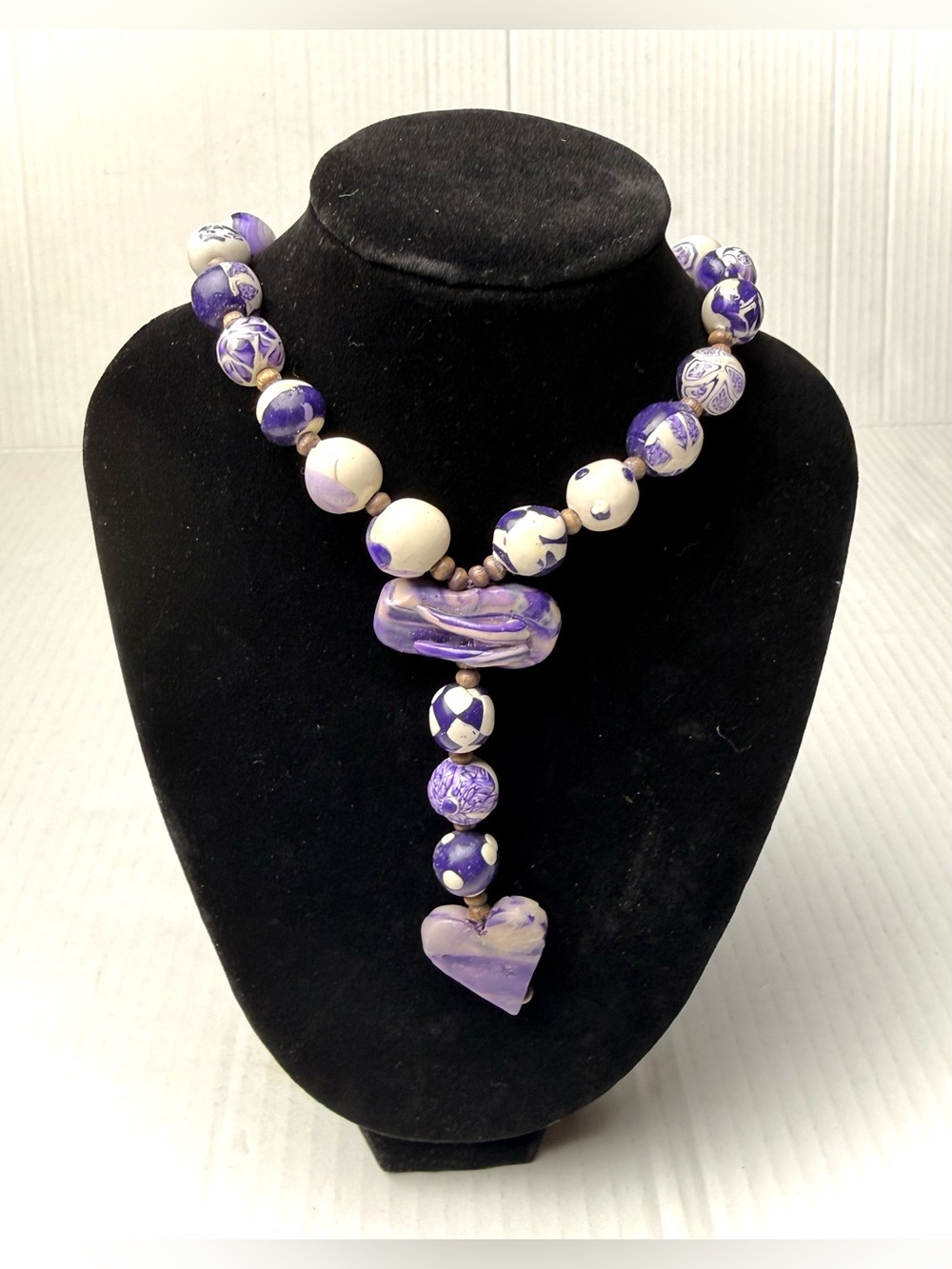 Handmade Catholic Rosary‎ Necklace Purple Swirl Heart Shoe Clay Beaded Religious